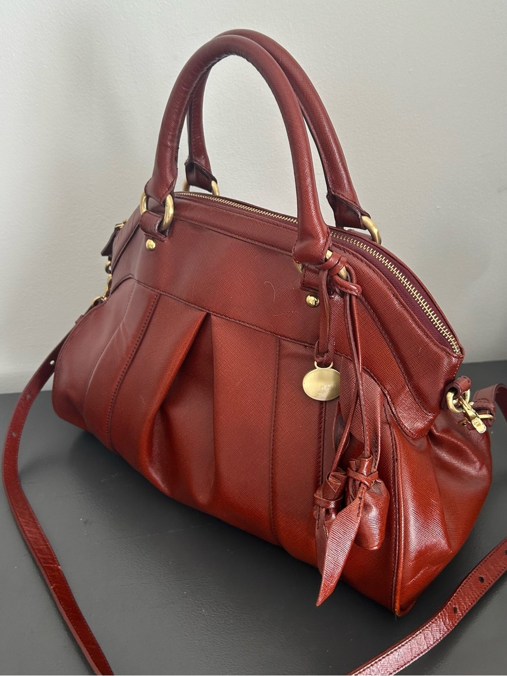 Brahmin Cognac Leather Satchel Top Handle Crossbody Shoulder Bag Tassel Purse - Picture 5 of 12
